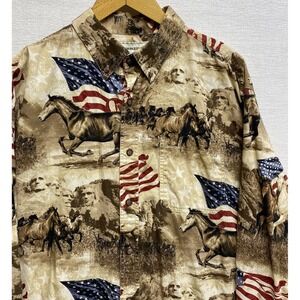 Bit & Bridle Western Shirt Mens XL American Flag Horses Long Sleeve Button Down